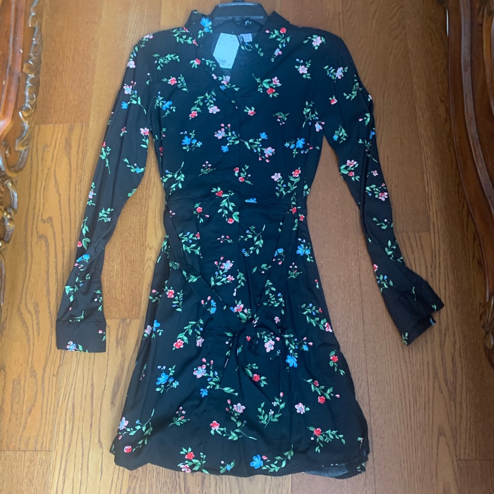 Black long sleeved button down linen dress